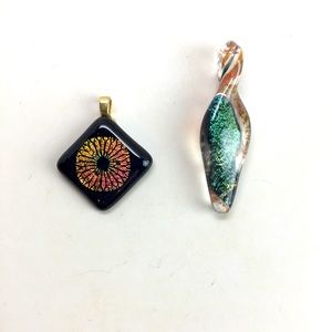 2 Fused glass pendants with necklace.